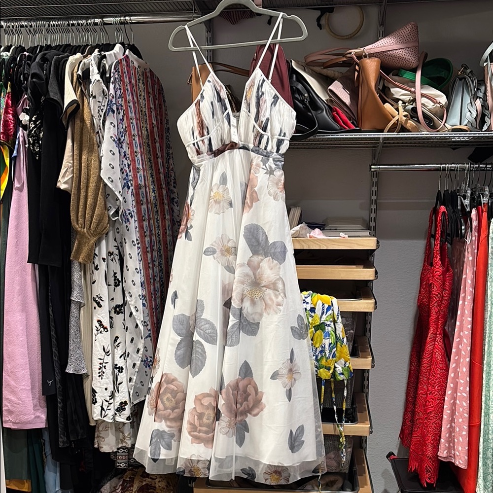 White Maxi Sundress with Plunge Neckline for Wedding Guest